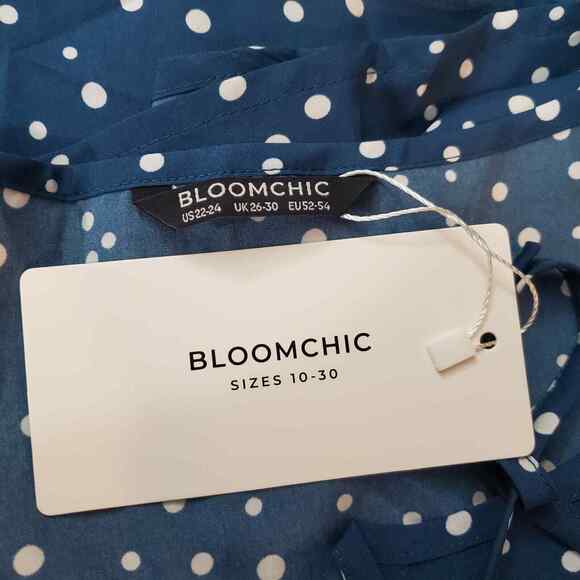 Bloomchic Blouse Women's 3X Blue 3/4 Sleeve White Polka Dot Tie Neck Plus NWT - Picture 2 of 8